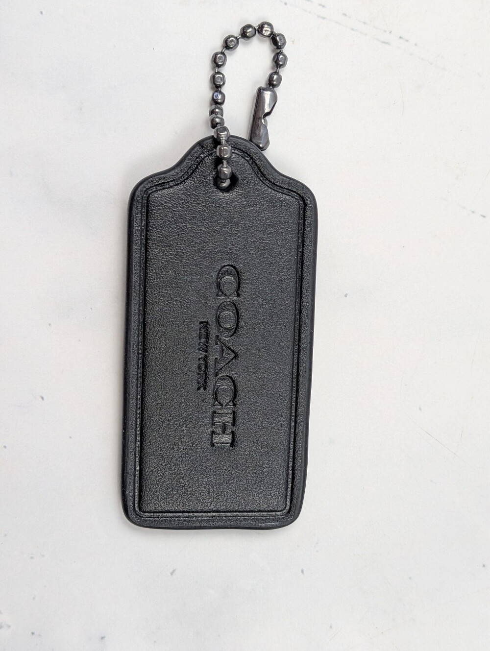 Coach Black Leather hang Tag with Black Bead Chain Says Coach on chain & tag